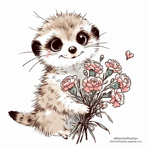 画像には、ピンク色のカーネーションの花束を両手で抱きしめ、笑顔を浮かべているかわいらしいミーアキャットのイラストが描かれています。ミーアキャットは大きな瞳と短い鼻が特徴的で、頬にはピンク色のチークが描かれています。花束はリボンで結ばれており、ミーアキャットの横には小さなピンク色のハートマークが添えられています。背景は白で、ミーアキャットと花束が際立っています。全体的に、温かく愛情のこもった雰囲気のイラストです。これはAI生成画像です。

The image shows an illustration of a cute meerkat with a smile, holding a bouquet of pink carnation flowers in both paws. The meerkat has large eyes and a short nose, with pink blush on its cheeks. The bouquet is tied with a ribbon, and a small pink heart mark is added next to the meerkat. The background is white, making the meerkat and the bouquet stand out. Overall, it's a warm and affectionate illustration. This is an AI-generated image.