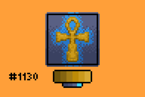 Pixel art of a golden ankh, radiating a soft blue glow.