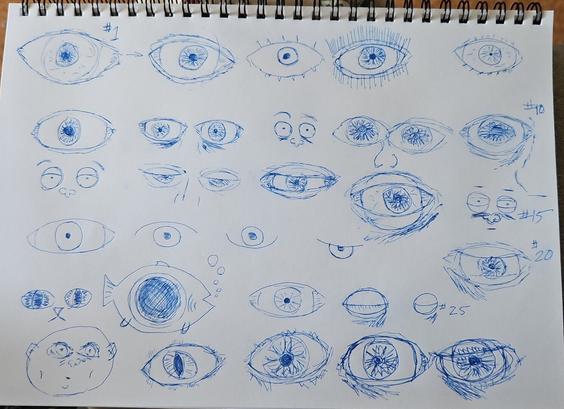 30 pen sketches of eyes. just for practice. eyes 29 &amp; 30 are fine with a single line.