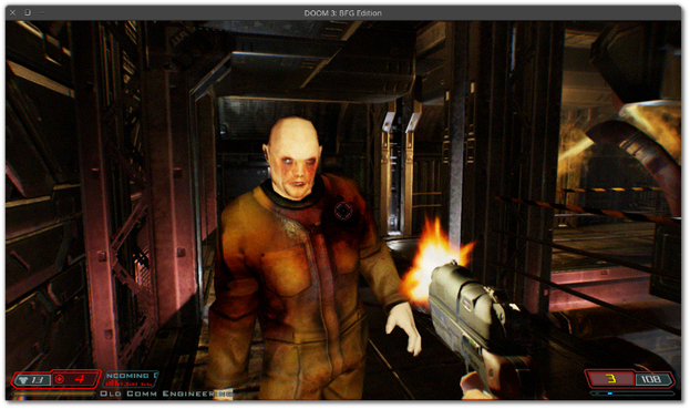 🕶️ A view of its UI (under Linux) at the start of the game (after about 20 minutes) when the installation has just gone haywire and you're faced with the 1st workers turned aggressive zombies.

📚️ Doom 3 BFG (Big Fucking Game) is an improved (graphics & sounds) re-release of Doom 3, a single-player / multi-player survival horror FPS game in which the player is a young Marine sent with his detachment to a Martian base where a scientific experiment with the artifacts of an ancient civilization has turned into a nightmare. This re-release also brings additional content (the expansions "Resurrection of Evil" & "The Lost Mission", the Doom 1&2 games + 2 addons). RBDoom3BFG is a libre, multi-platform and compatible engine (except with Doom 1&2, which can be used with other engines).