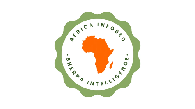 Round green circle with a white background in the middle with the words Africa InfoSec and Sherpa Intelligence in green with an orange outline of the continent of Africa.