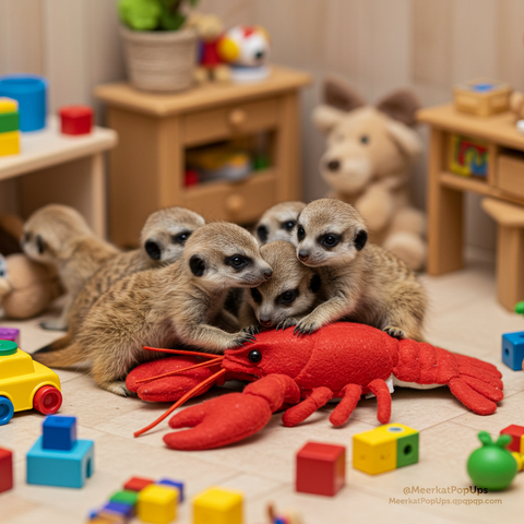 画像には、おもちゃが散らばった床の上で、小さなミーアキャットたちが赤いロブスターのぬいぐるみに群がっている様子が写っています。ミーアキャットたちはぬいぐるみを取り囲み、興味津々で触ったり、見つめたりしています。背景には、木製の家具やぬいぐるみなどが見え、子供部屋のような雰囲気です。床には、カラフルな積み木や他のおもちゃも散らばっています。全体的に、可愛らしく、賑やかな雰囲気の写真です。これはAI生成画像です。

The image shows small meerkats gathered around a red lobster plush toy on a floor scattered with toys. The meerkats are surrounding the plush toy, touching it and looking at it with great interest. In the background, wooden furniture and stuffed animals can be seen, creating an atmosphere like a child's room. Colorful building blocks and other toys are also scattered on the floor. Overall, it's an adorable and lively photograph. This is an AI-generated image.