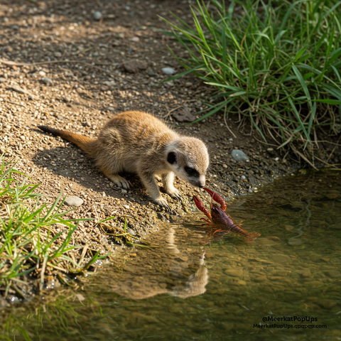 画像には、水辺の砂地にいる小さなミーアキャットが写っています。ミーアキャットは身をかがめ、水の中にいる小さな赤いザリガニに興味を示しているようです。周囲には、緑の草が生えています。水面には、ミーアキャットと草の影が映っています。全体的に、自然の中で動物の好奇心あふれる瞬間を捉えた写真です。これはAI生成画像です。

The image shows a small meerkat on sandy ground by the water's edge. The meerkat is crouching down, seemingly curious about a small red crayfish in the water. Green grass grows around the area. The reflection of the meerkat and the grass can be seen on the water's surface. Overall, it's a photograph capturing an inquisitive moment of an animal in nature. This is an AI-generated image.