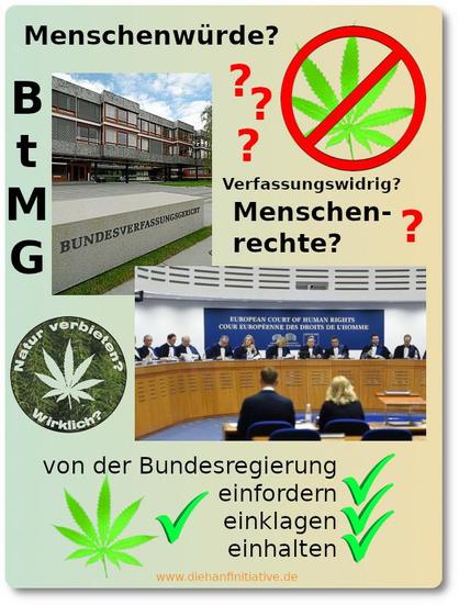 12.05.2025 Text der Grafik: Menschenwürde - BtMG - Verfassungswidrig - Menschenrechte - Natur verbieten? - Wirklich? - von der Bundesregierung einfordern - einklagen - einhalten - Fragezeichen - eine Verbotszeichen für ein Hanfblatt - zwei Bilder: Außenansicht des Bundesverfassungsgerichtes und Sitzungssaal des europäischen Menschenrechtsgerichtshof.