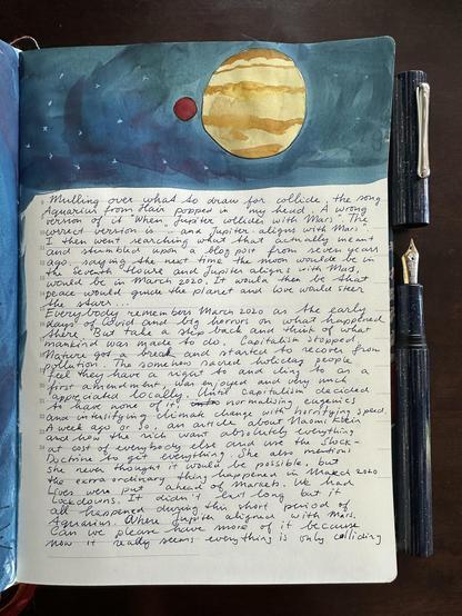 Sketch in sketchbook of Mars and Jupiter very close together. Below the sketch is written: Mulling over what to draw for collide, the song Aquarius from Hair popped in my head. A wrong version of it "When Jupiter collides with Mars" The correct version is "...and Jupiter aligns with Mars". I then went searching what that actually meant and stumbled upon a blogpost from seven years ago, saying the next time the moon would be in the Seventh House and Jupiter aligns with Mars, would be in March 2020. It would then be that peace would guide the planet and love would steer the stars...
Everybody remembers March 2020 as the early days of Covid and big horrors on what happened there. But take a step back and think of what Mankind was made to do. Capitalism stopped. Nature got a break and started to revere from pollution. The somehow sacred holiday people feel they have right to and cling to as a first amendment, was enjoyed and very much appreciated locally. until capitalism decided to have none of it, normalising eugenics and intensifying climate change with horrifying speed. A week ago or so, an article about Naomi Klein and how the rich want absolutely everything at cost of everybody else and use the Shock-Doctrine to get everything. She also mentions she never thought it would be possible, but the extraordinary thing happened in March 2020. Lives were put ahead of markets. We had lockdowns. It didn't last long but it all happened during this short period of Aquarius...