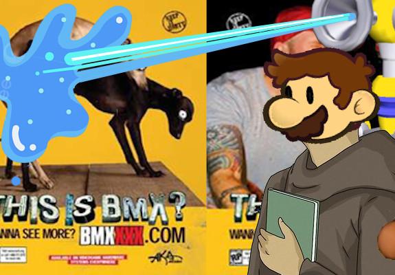 Mario with FLUDD spraying the cover of a BMX XXX box, with Limp Bizkit's Fred Durst in the background.