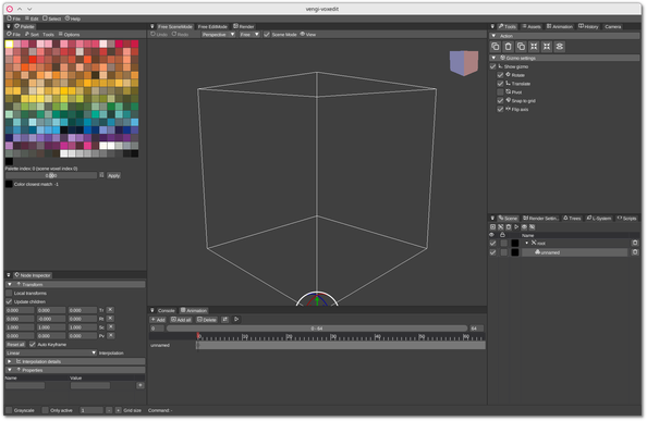 🕶️ A view of the darkly-themed IU at launch: on the main part and in the center a 3D wire cube, on the right settings menus with numerous tabs, on the left a color palette, in the center below a timeline for animations. The overall impression is one of seriousness and power.

📚️ vengi VoxEdit is a libre, multi-platform voxel editor with animation support and load/save in many voxel volume formats. It is built around 256-color palettes and offers support for animation of layers and keyframes (start/end frames of a movement), multiple windows and monitors, Undo/Redo, Copy/Cut/Paste, scene layers and graphs, custom color palettes, import of images as height maps, palettes or planes, mesh import and voxelization, import of entire folders, export of single models or entire scenes, voxelization of true type fonts, procedural content generation, level-of-detail (LOD) volume generation, and volume cropping.