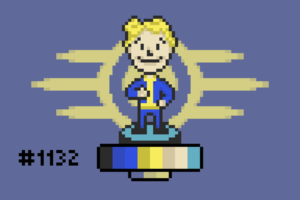 Pixel art of a Vault-Tec bobblehead from the Fallout series. A blonde figure in a dark blue jumpsuit with yellow stripes, giving a thumbs-up.