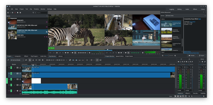 A screenshot of KDE's Kdenlive video editor, showing a multitrack edit in progress. To the left, you can see the "online resources" panel, showing thumbnails of the clips that can be downloaded and used in the edit.