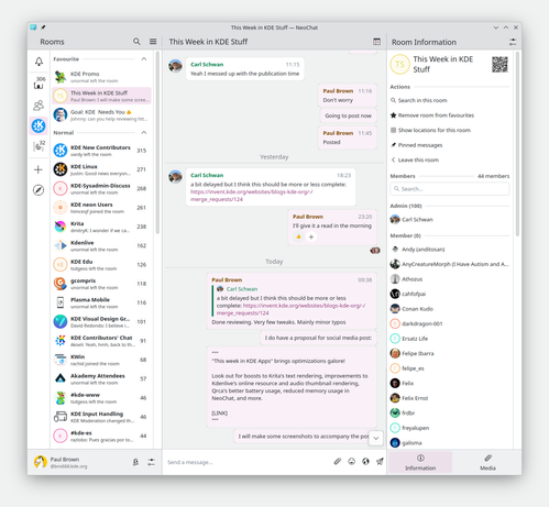 A screenshot of NeoChat, KDE's Matrix chatting app, showing a conversation about this very blog post