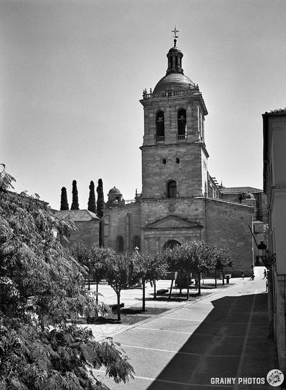 A black and white image of the Catedral de Santa María, ⁨Ciudad Rodrigo⁩, with a tall bell tower topped by a cross. Trees surround the building, while a paved pathway graces the foreground. The clear sky enhances the architecture's intricate details.