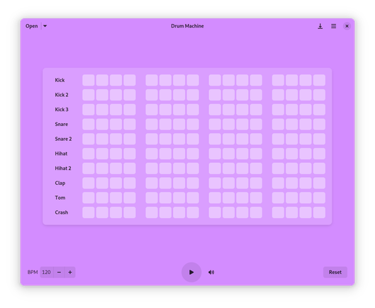 A screenshot of Drum Machine, showing an empty grid at 120 BPM