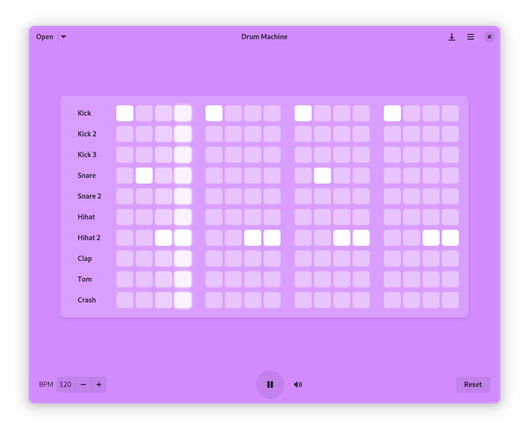 A screenshot of Drum Machine, showing an simple pattern, using kick, snare, and hihat, programmed into the grid at 120 BPM
