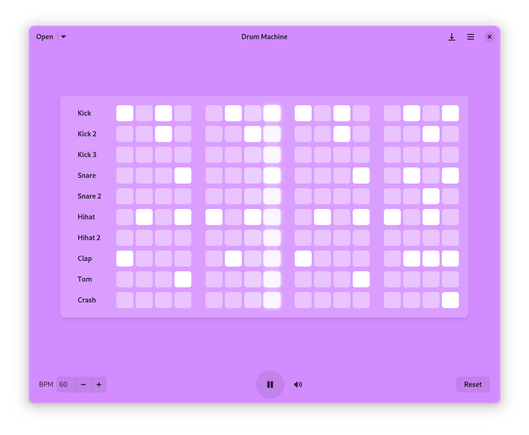 A screenshot of Drum Machine, showing an complex pattern, using all sounds, programmed into the grid at 60 BPM
