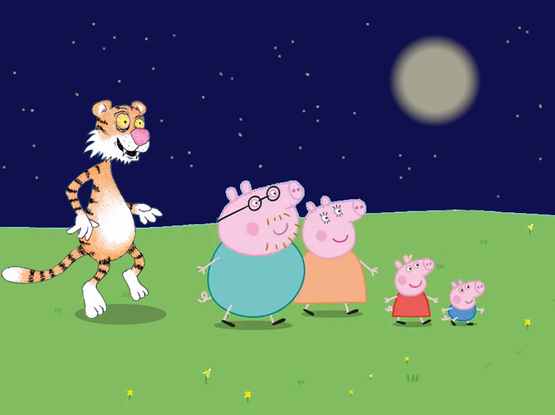The image depicts a nighttime scene with a family of animated pigs and a tiger. The background features a dark blue sky with stars and a large, pale moon. The ground is a green grassy field dotted with small yellow flowers.

In the foreground, a tiger with orange and black stripes, white paws, and a pink nose is walking towards the right side of the image. The tiger has a sinister expression with wide yellow, bloodshot eyes and a deceitful smile.

To the right of the tiger, there is a family of four pigs. The father pig is wearing glasses and a blue shirt, while the mother pig is in an orange dress. They are accompanied by two smaller pigs, one in a red dress and the other in blue overalls. All the pigs are smiling and appear to be walking together.

The overall scene is colorful and cheerful, with the characters depicted in a cartoonish style.

Provided by @altbot, generated privately and locally using Ovis2-8B