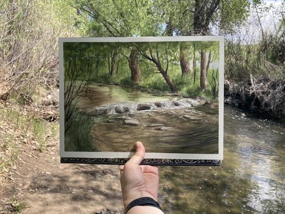 A photo of a watercolor painting being held up in front of a river landscape. The trees are leafing out and a soft green calm is reflected in the water.