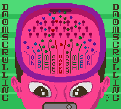 A low poly illustration of the head of a person who's looking their phone like hypnotized, with huge eyes, while the inside of their head looks like a pachinko machine with several slots named like emotions (happy, angry, sad, etc) and a lot of falling balls that bounce among pins. On the sides of the illustration, the word Doomscrolling appears twice, with a kind of medieval lettering. The colors of the illustration are retro and acid.