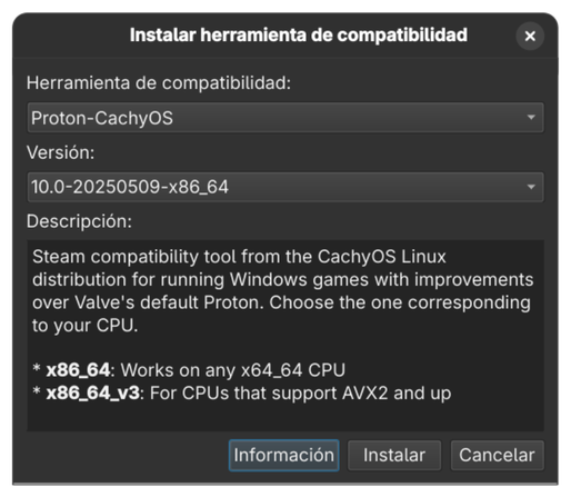 Obteniendo Proton-CachyOS con ProtonUp-Qt.