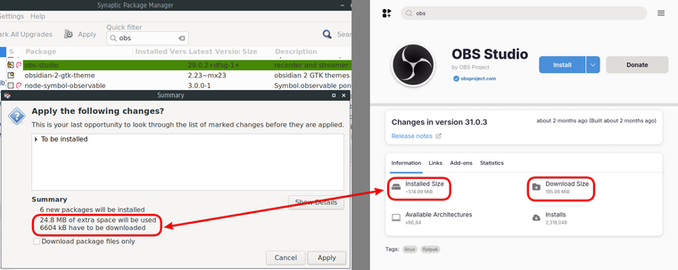 OBS Studio size comparison between Synaptic Package Manager and Flathub installations.