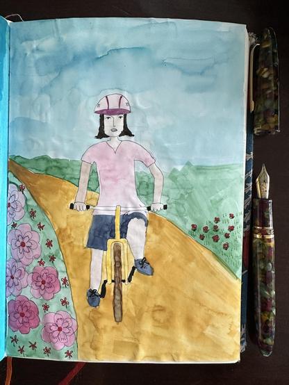 Sketch in sketchbook of me wearing a helmet while cycling