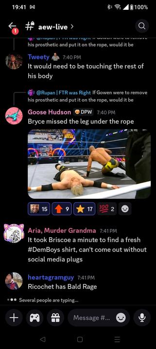 Discord chat where someone says the ref missed a wrestler's leg under the rope during a pin, and a picture of a man's prosthetic leg under the ring ropes as the man is being pinned on the other side of the ring

It is a beloved chat