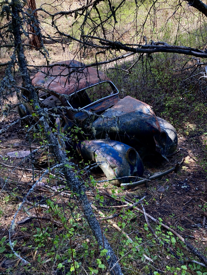 The front view of the abandoned car on the mountain, the glass, headlights, and wheels missing. There’s evidence of blue paint on it. It’s in a wooded gully, the trail curling around it. There are spots of sun on the scene, but mostly it’s dim, the sunlight bright higher up.