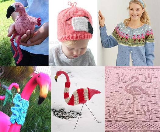 Collage of knitting projects: Pink flamingo stuffed toy. Baby wearing a hat that looks like a pink flaming head. Woman wearing a cardigan with pink flamingos on the yoke. Pink lawn flamingoes wearing a scarf and cowl. Pink lawn flamingo wearing a striped knit sweater. Pink blanket with flamingo embossed motif.