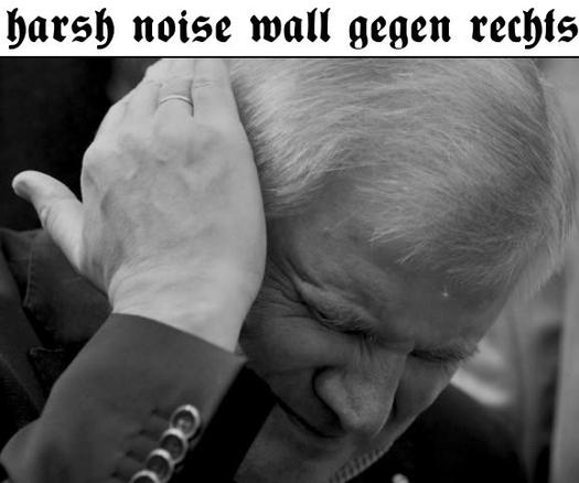 Meme auf Basis eines Bildes von Horst Seehofer, der sich mit schmerzverzerrtem Gesicht das rechte Ohr zuhält. Darüber steht in Frakturschrift: "harsh noise wall gegen rechts"
