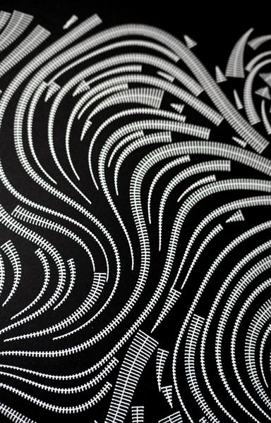 Abstact artwork closup
White lines on black paper. Composition of white ribbons made of stripes following a flow field without intersection