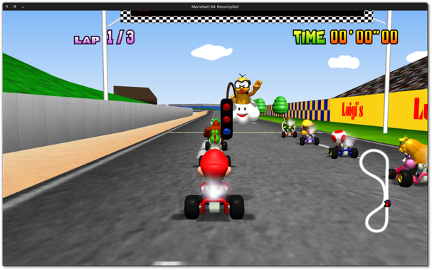 🕶️ A view of its UI (v.0.0.9 on Linux) at the start of a race, as the countdown reaches zero. Mario is in last place on his kart, in a race that pits him against 7 other competitors.

📚️ MarioKart 64 (with MarioKart 64: Recompiled engine) is a commercial 3D kart racing game released in 1996 (by Nintendo EAD) for the Nintendo 64. In this 2nd opus in the series (after Super Mario Kart on SNES), you can slow down your opponents using various weapons and bonuses collected on a circuit featuring obstacles, springboards and shortcuts. Up to 4 players can play simultaneously. Each of the available characters (Mario, Luigi, Peach, Toad, Yoshi, Donkey Kong, Wario, Bowser) has its own characteristics (weight, speed, acceleration) that influence the race. The game includes 16 circuits and 4 arenas. MarioKart 64: Recompiled is a libre, multi-platform engine compatible with the game's data (ROM in Nintendo 64 format). Features include support for modern hardware, enhanced graphics, gamepad support and mods.