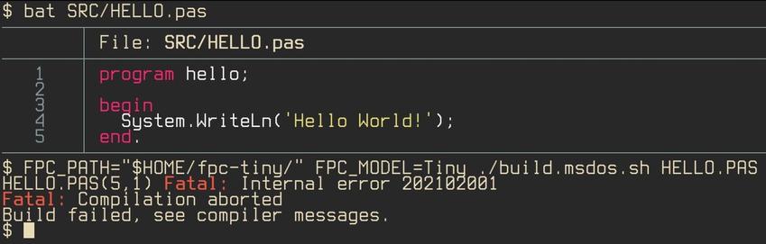 Code snippet showcasing a Pascal program titled "hello" that attempts to print "Hello World!" to the console. An error message indicates a compilation failure with an internal error.
