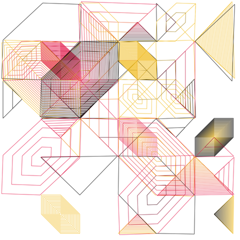 A grid of geometric line patterns in pink, yellow, and black, forming overlapping squares, diamonds, and spirals across a loose layout with sharp angles and layered depth.