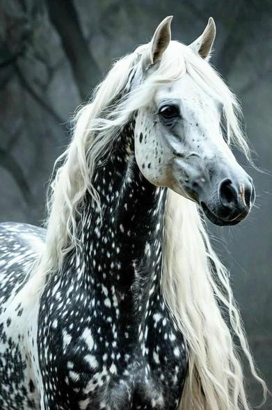 A beautiful white and black spotted horse and a really long white mane