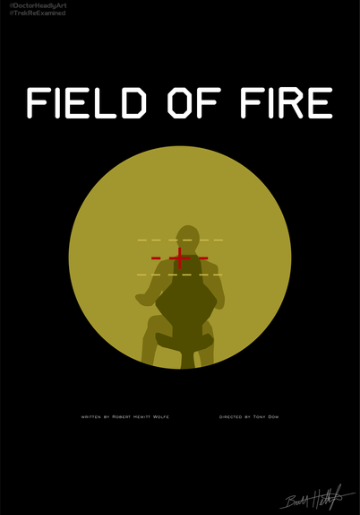 A poster for the Star Trek Deep Space Nine episode Field of Fire, featuring a large yellow tinted sight focused on someone sitting with their back turned in the red crosshairs.