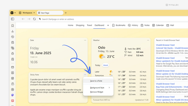 Image displays the Vivaldi Browser app open on a computer. The Vivaldi dashboard is open, and an arrow points to the context menu that opens when you click on the three dotted button on a sticky notes widget. The "Save to a Note" option is highlighted.