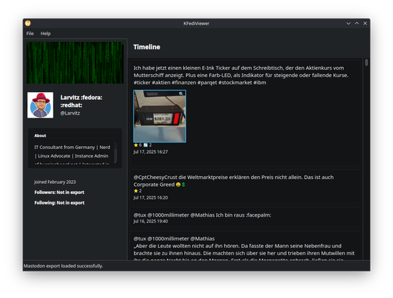 Screenshot of KFediviewer. A local tool to view Mastodon data exports