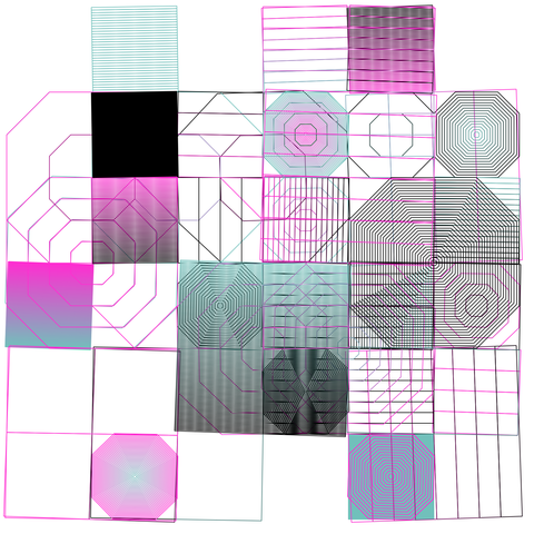 A grid of outlined squares and octagons in neon pink, cyan, and black, with overlapping lines and gradients creating concentric and geometric patterns in a structured but glitch-like layout.