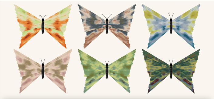 grid of 6 butterflies, art generated with code I wrote. Butterflies have sort of a symmetrical tie-dye coloring.