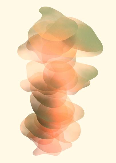 An abstract composition of organic shapes in orange-green tones