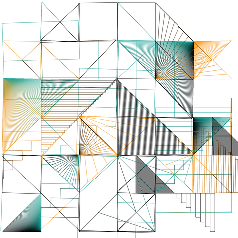 An abstract grid filled with angular patterns in teal, orange, and black, featuring intersecting triangles, stairs, and gradients that create a dynamic, architectural layout.