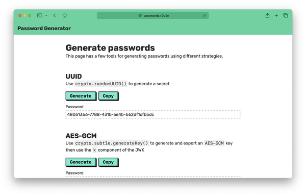 Screenshot of a web-app with buttons to generate different types of password