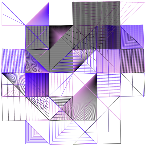 A grid-based design in purple, pink, and black hues, featuring sharp triangular divisions, gradient fills, and densely packed parallel lines that form a layered, optical illusion effect.