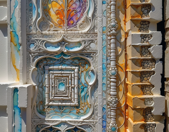 Ornate sculptural wall panel with intricate stonelike, mosaic, and relief patterns in vibrant pastel colors on an off-white base.