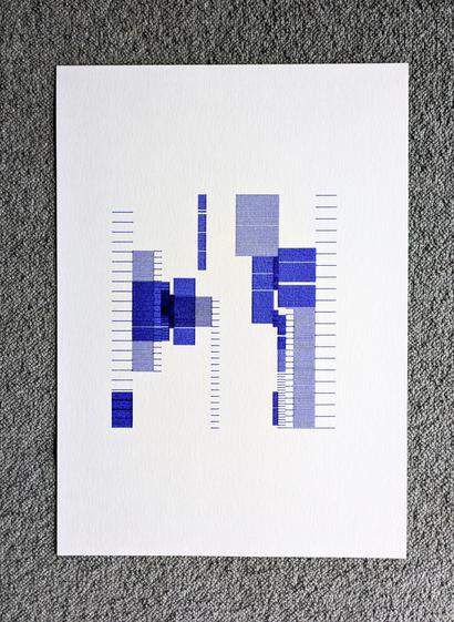 Horizontal dark blue lines part of an piece of artwork in A4 size.