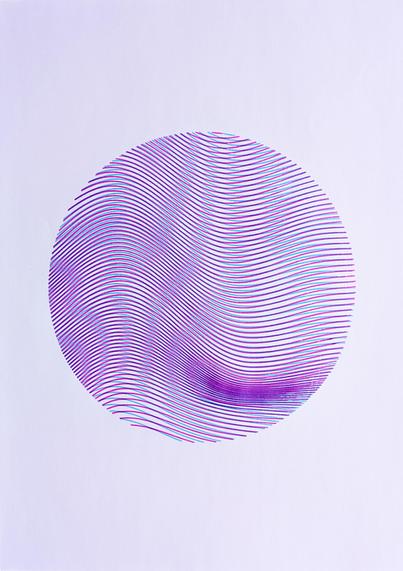 Pink and light blue lines in a circle shape generating a visual distortion in a A4 piece or artwork.