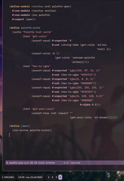 A screenshot of Emacs, with me editing a veritas unit test for SSS (Supreme Sexp System)