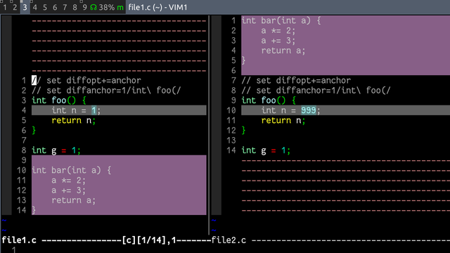 Using `set diffopt+=anchor` allows Vim to respect the anchoring setting. Running `set diffanchor=1/int\ foo(/` picks the pattern of the target function's line that should be force-aligned with the other file.