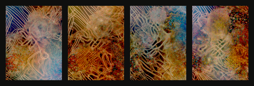 Code generated. 4 animation frames shown side by side with some dark background between and around them.
Organic patterns with warm hues. The patterns include parallel somewhat straight lines and complex chaotic spots. As if looking at a microscope image of an organism that is partially orderly and partially chaotic.