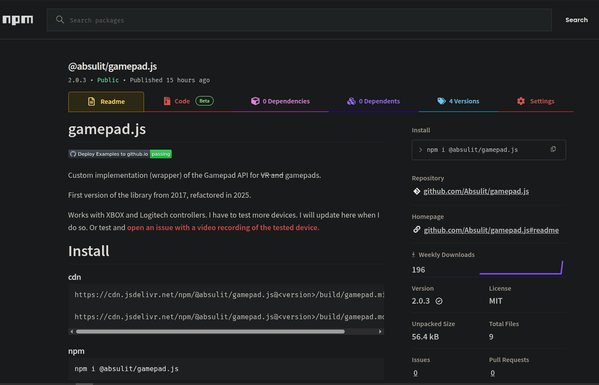 Profile page of gamepad.js hosted on npmjs.org