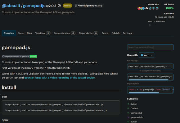 Profile page of gamepadjs hosted on jsr.io
